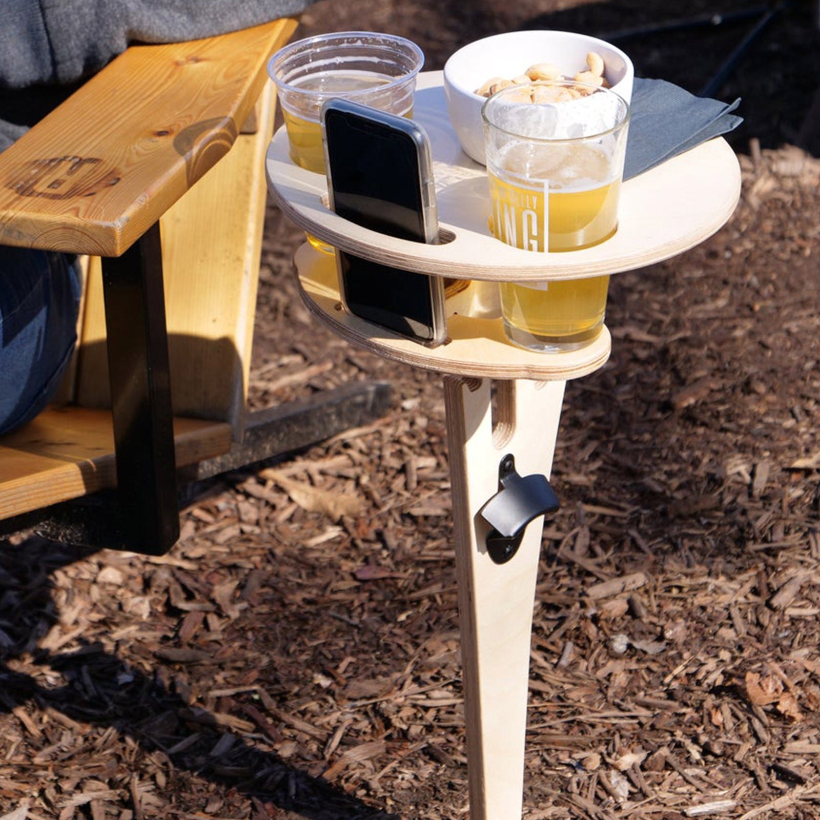 Portable Beer Table Wine Table with Foldable Round Desktop Mini Wooden Picnic Table for Beach Camping Backyard Entertainment