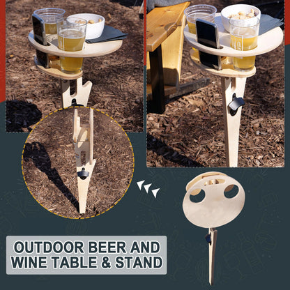 Portable Beer Table Wine Table with Foldable Round Desktop Mini Wooden Picnic Table for Beach Camping Backyard Entertainment